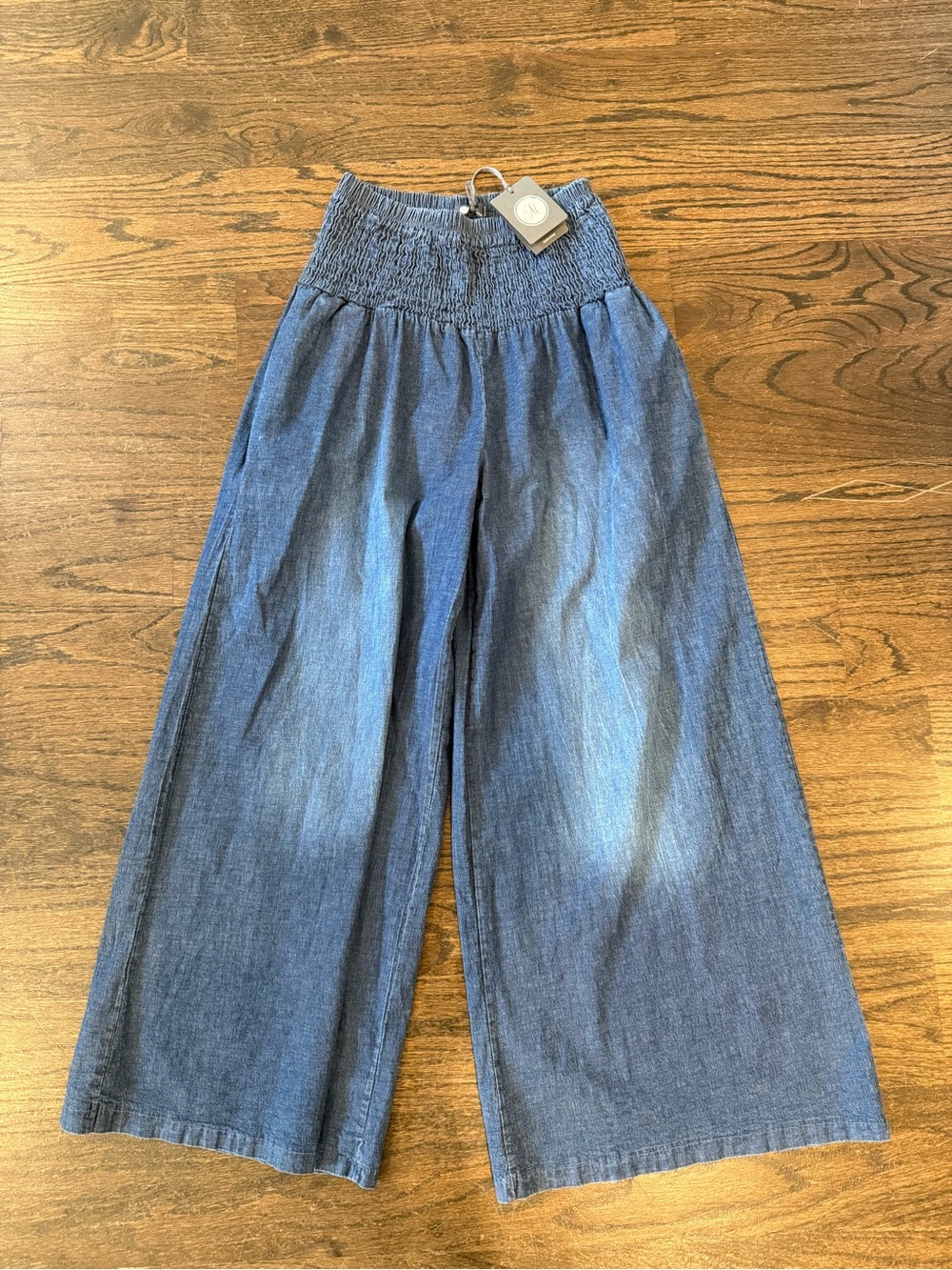 Smocked-Waist Wide Leg Jeans - Blue